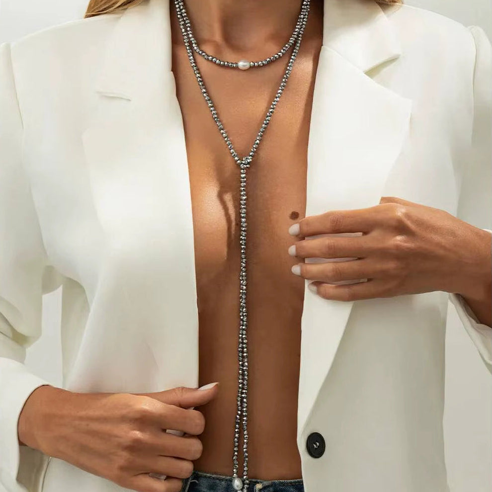 3 Styles Trendy Crystal Bead Chain Long Pendant Necklace Women Retro Multilayer Stacked Sweater Chain Neck Jewelry